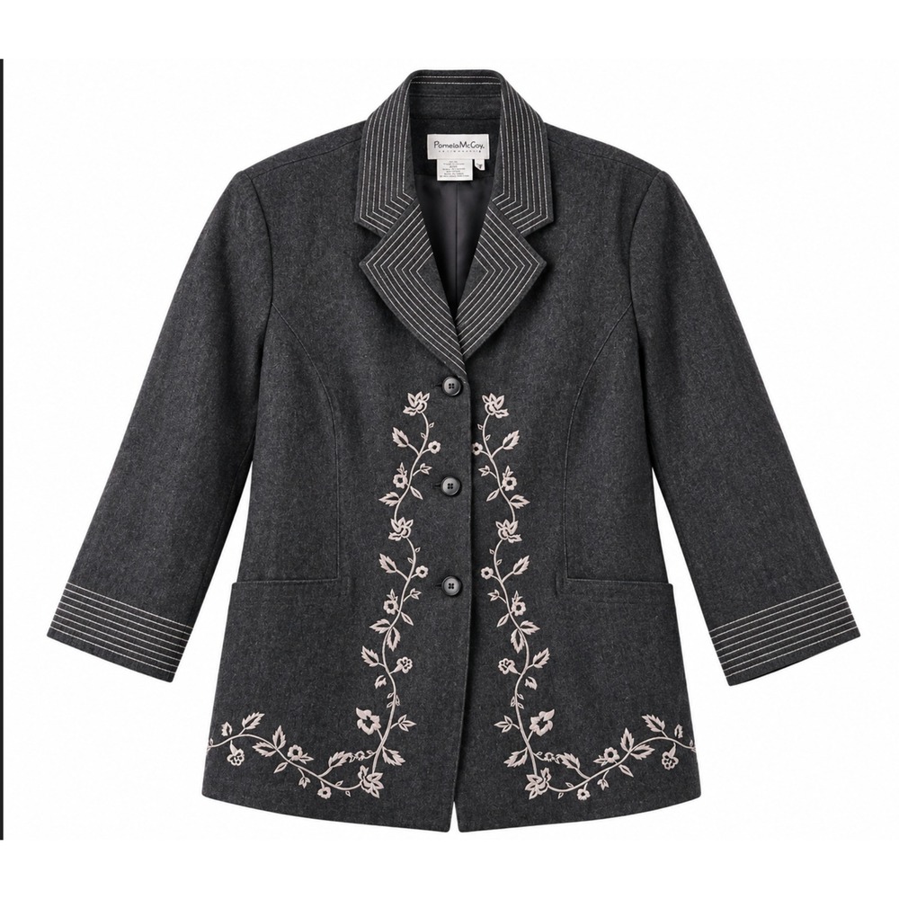 NWT Pamela McCoy Blazer 1X Gray Embroidered Cotton Jacket Professional Academia